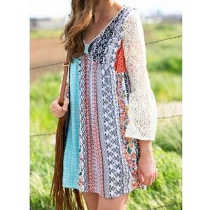 Kori Boho Multicolor Patchwork Dress With Lace Sleeves